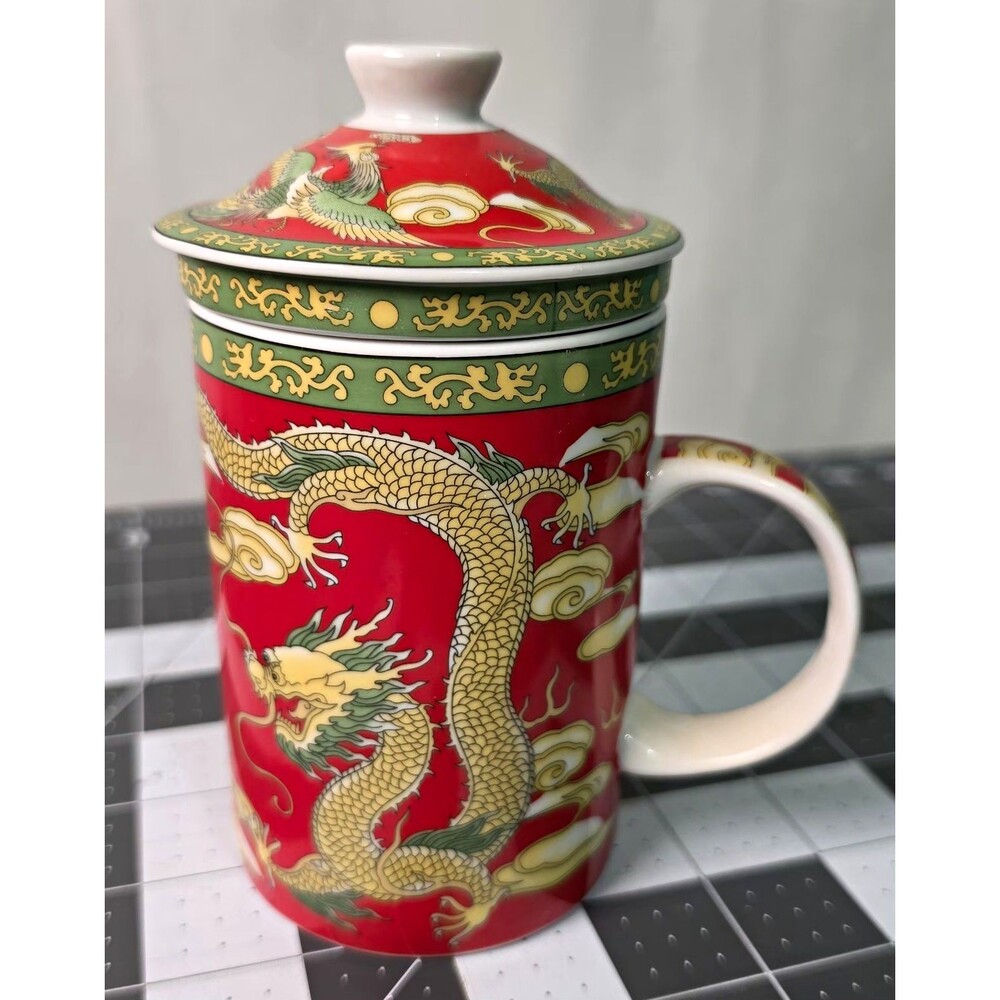 World Market Chinese Dragon & Phoenix Covered Tea Mug with Lid - Disconti